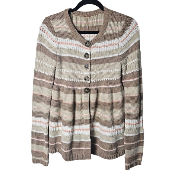 Free People S Beige Pink Cardigan‎ Sweater Button Up Long Sleeve Beachy Cottage - Picture 1 of 9